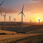 A wind farm at sunset, illustrating renewable energy investment, with the financial challenges faced by developing countries subtly depicted in the background. The image should evoke a sense of hope and progress towards a Net Zero economy.