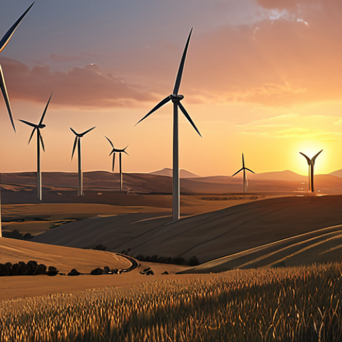Home 15 A wind farm at sunset, illustrating renewable energy investment, with the financial challenges faced by developing countries subtly depicted in the background. The image should evoke a sense of hope and progress towards a Net Zero economy.