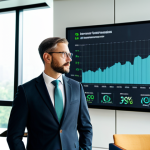 A professional business executive, fully clothed in a modest business suit, stands confidently in a sleek, modern office conference room. Behind them, a large screen displays an abstract infographic representing environmental data and sustainable growth. The room is filled with natural light, featuring minimalist design and subtle green plant accents. The overall atmosphere is forward-thinking and optimistic, highlighting the integration of ecological transition into corporate strategy. Professional photography, high-resolution, natural pose, perfect anatomy, correct proportions, well-formed hands, proper finger count, natural body proportions, appropriate attire, safe for work, appropriate content, family-friendly.