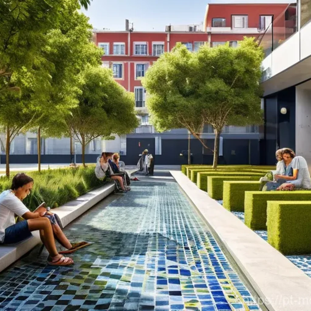 넷제로 전환을 위한 지역 정부의 역할 - **Prompt:** A vibrant, bustling Portuguese city square, reimagined as a lush green oasis. Modern, en...