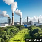 Home 22 넷제로 전환의 성과 평가 방법론 - A modern Brazilian industrial plant with advanced greenhouse gas monitoring systems visible: large s...