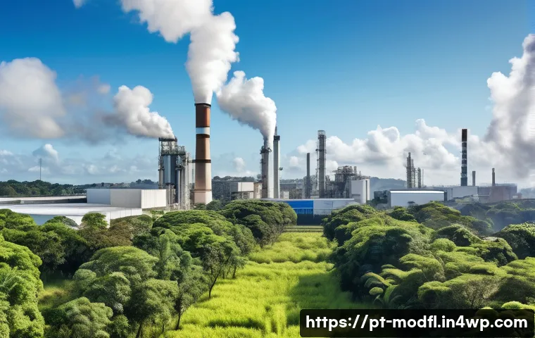 넷제로 전환의 성과 평가 방법론 - A modern Brazilian industrial plant with advanced greenhouse gas monitoring systems visible: large s...