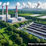 Home 20 넷제로 전환 경제 모델의 성과 측정 - A modern Brazilian industrial facility with advanced IoT sensors visibly installed on smokestacks an...