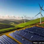 Home 19 넷제로 경제 모델의 혁신적인 솔루션 - A vibrant Brazilian solar energy farm in the Nordeste region during golden hour, featuring rows of m...
