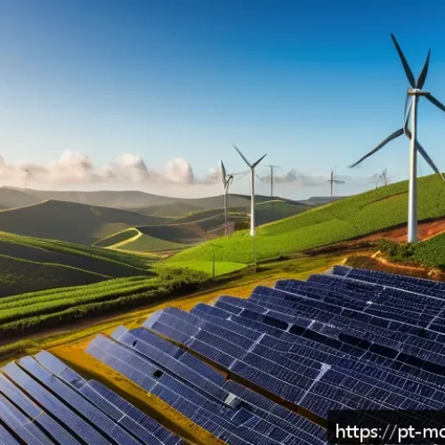 Home 31 넷제로 경제 모델의 혁신적인 솔루션 - A vibrant Brazilian solar energy farm in the Nordeste region during golden hour, featuring rows of m...