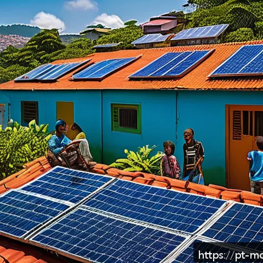 넷제로 전환의 사회적 공정성 문제 - A vibrant community scene in a Brazilian favela showing diverse families gathered around solar panel...