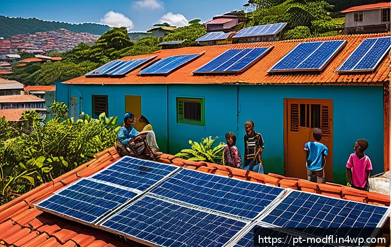 넷제로 전환의 사회적 공정성 문제 - A vibrant community scene in a Brazilian favela showing diverse families gathered around solar panel...